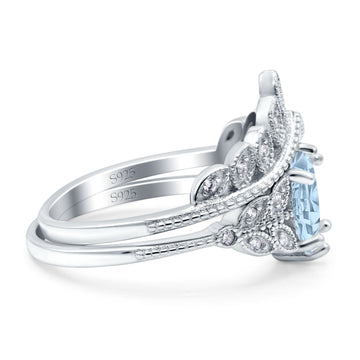 Two Piece Vintage Style Wedding Bridal Set Ring Band Oval Simulated Aquamarine CZ 925 Sterling Silver